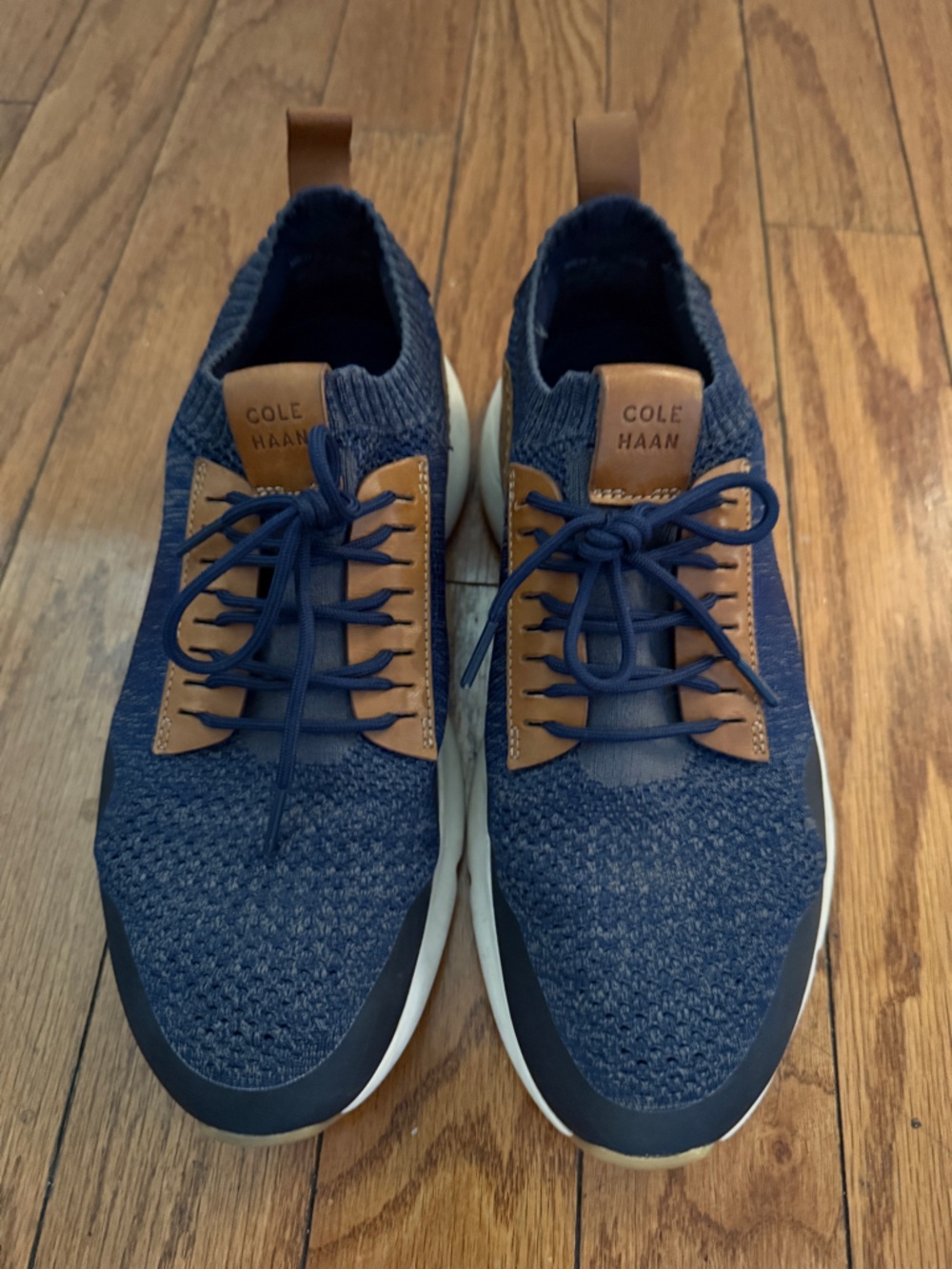 Cole Haan Navy Knit Sneakers with Brown Leather Accents